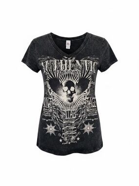 Women's Black Graphic V-Neck Tee with Skull and Wing Design
